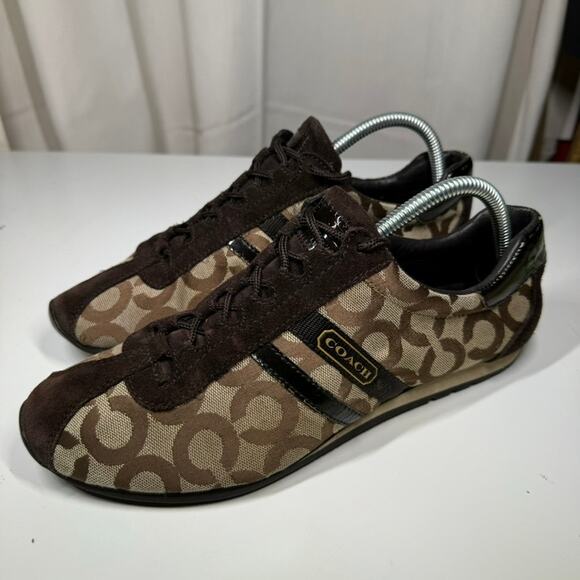 Coach Kathleen Sneakers 10M Brown Signature C Canvas Suede Logo Stripe - Picture 1 of 11